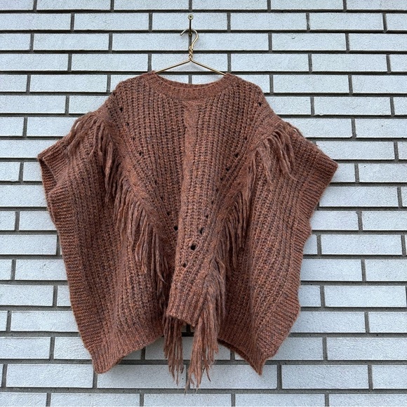 Anthropologie Knit Marled Fringe Poncho Bronze - Picture 6 of 13